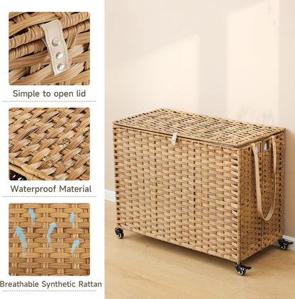 Laundry Hamper with Wheels, 52.8 Gallon(200L) Rolling Laundry Basket with Lid, Removable Large 3 Color Liners & 3 Mesh Laundry Bags, Clothes Hamper with Side Pocket, Natural