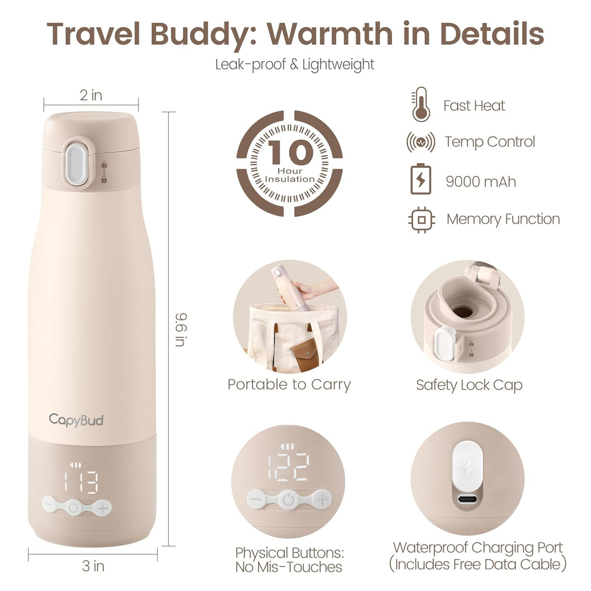 Portable Bottle Warmer for Travel, 3Min Fast Heating Bottle Warmer for Breastmilk & Water, 12 Oz Milk Warmer with Precise Temp Control and 9000mAh Long-Lasting Battery for Travel, Car, Outdoor