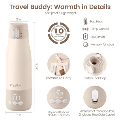 Portable Bottle Warmer for Travel, 3Min Fast Heating Bottle Warmer for Breastmilk & Water, 12 Oz Milk Warmer with Precise Temp Control and 9000mAh Long-Lasting Battery for Travel, Car, Outdoor