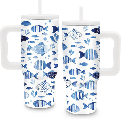 Gifts for Women - 24 oz Blue Tropical Fish Tumbler with Handle and Straw - Insulated Stainless Steel Cup, Leakproof, Cute Ocean Animal Lovers Travel Mug, Fits Car Cup Holders, Keeps Drinks Cold/Hot