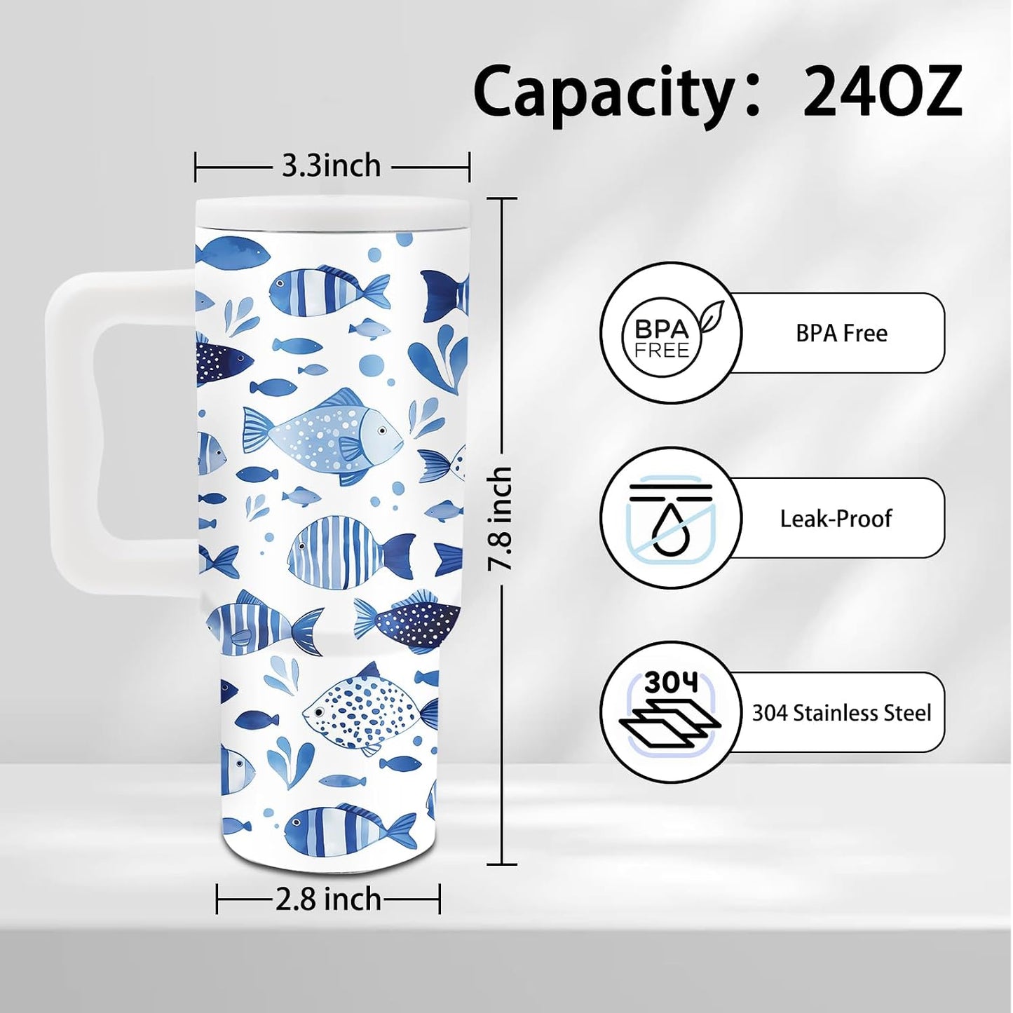 Gifts for Women - 24 oz Blue Tropical Fish Tumbler with Handle and Straw - Insulated Stainless Steel Cup, Leakproof, Cute Ocean Animal Lovers Travel Mug, Fits Car Cup Holders, Keeps Drinks Cold/Hot