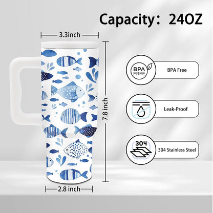 Gifts for Women - 24 oz Blue Tropical Fish Tumbler with Handle and Straw - Insulated Stainless Steel Cup, Leakproof, Cute Ocean Animal Lovers Travel Mug, Fits Car Cup Holders, Keeps Drinks Cold/Hot