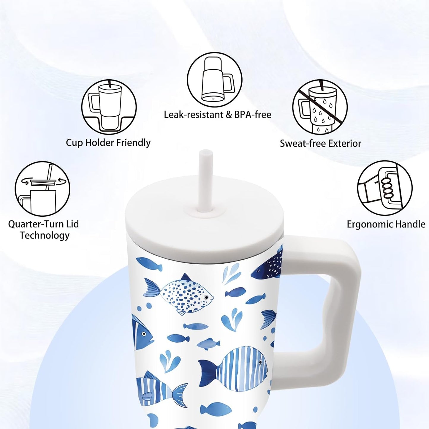 Gifts for Women - 24 oz Blue Tropical Fish Tumbler with Handle and Straw - Insulated Stainless Steel Cup, Leakproof, Cute Ocean Animal Lovers Travel Mug, Fits Car Cup Holders, Keeps Drinks Cold/Hot