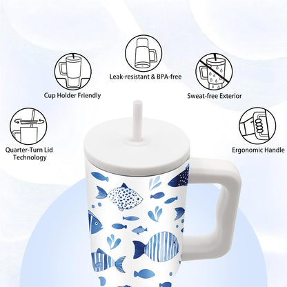 Gifts for Women - 24 oz Blue Tropical Fish Tumbler with Handle and Straw - Insulated Stainless Steel Cup, Leakproof, Cute Ocean Animal Lovers Travel Mug, Fits Car Cup Holders, Keeps Drinks Cold/Hot