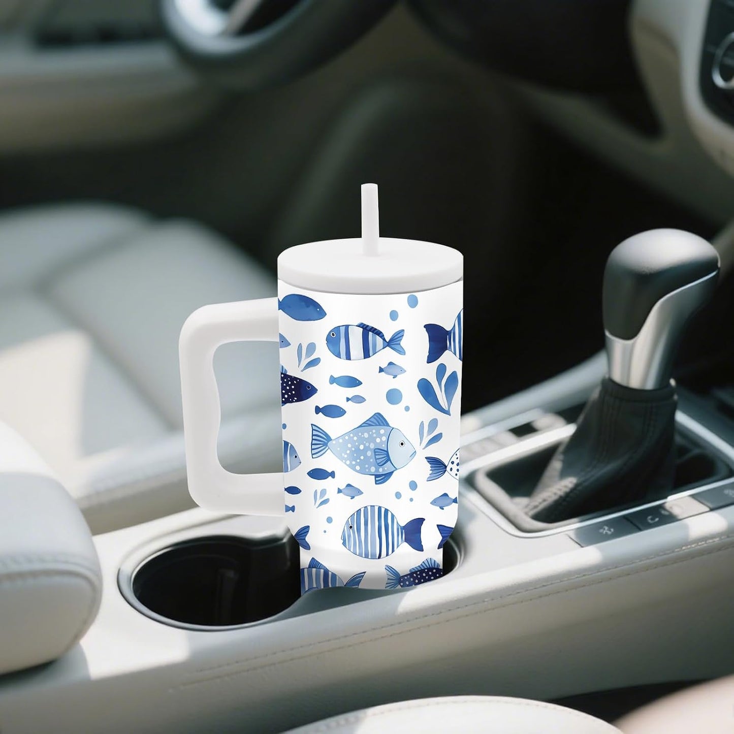 Gifts for Women - 24 oz Blue Tropical Fish Tumbler with Handle and Straw - Insulated Stainless Steel Cup, Leakproof, Cute Ocean Animal Lovers Travel Mug, Fits Car Cup Holders, Keeps Drinks Cold/Hot