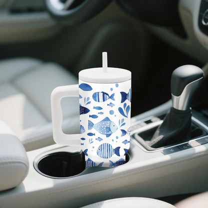 Gifts for Women - 24 oz Blue Tropical Fish Tumbler with Handle and Straw - Insulated Stainless Steel Cup, Leakproof, Cute Ocean Animal Lovers Travel Mug, Fits Car Cup Holders, Keeps Drinks Cold/Hot