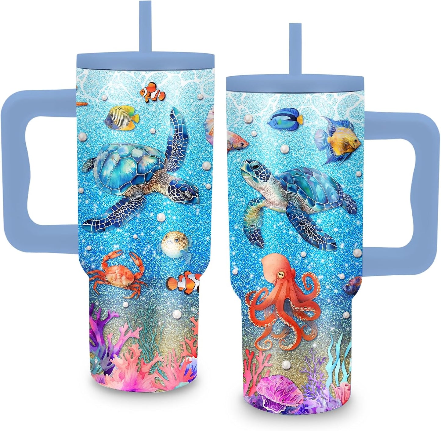 Gifts for Women - 24 oz Blue Tropical Fish Tumbler with Handle and Straw - Insulated Stainless Steel Cup, Leakproof, Cute Ocean Animal Lovers Travel Mug, Fits Car Cup Holders, Keeps Drinks Cold/Hot