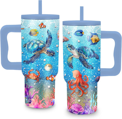 Gifts for Women - 24 oz Blue Tropical Fish Tumbler with Handle and Straw - Insulated Stainless Steel Cup, Leakproof, Cute Ocean Animal Lovers Travel Mug, Fits Car Cup Holders, Keeps Drinks Cold/Hot