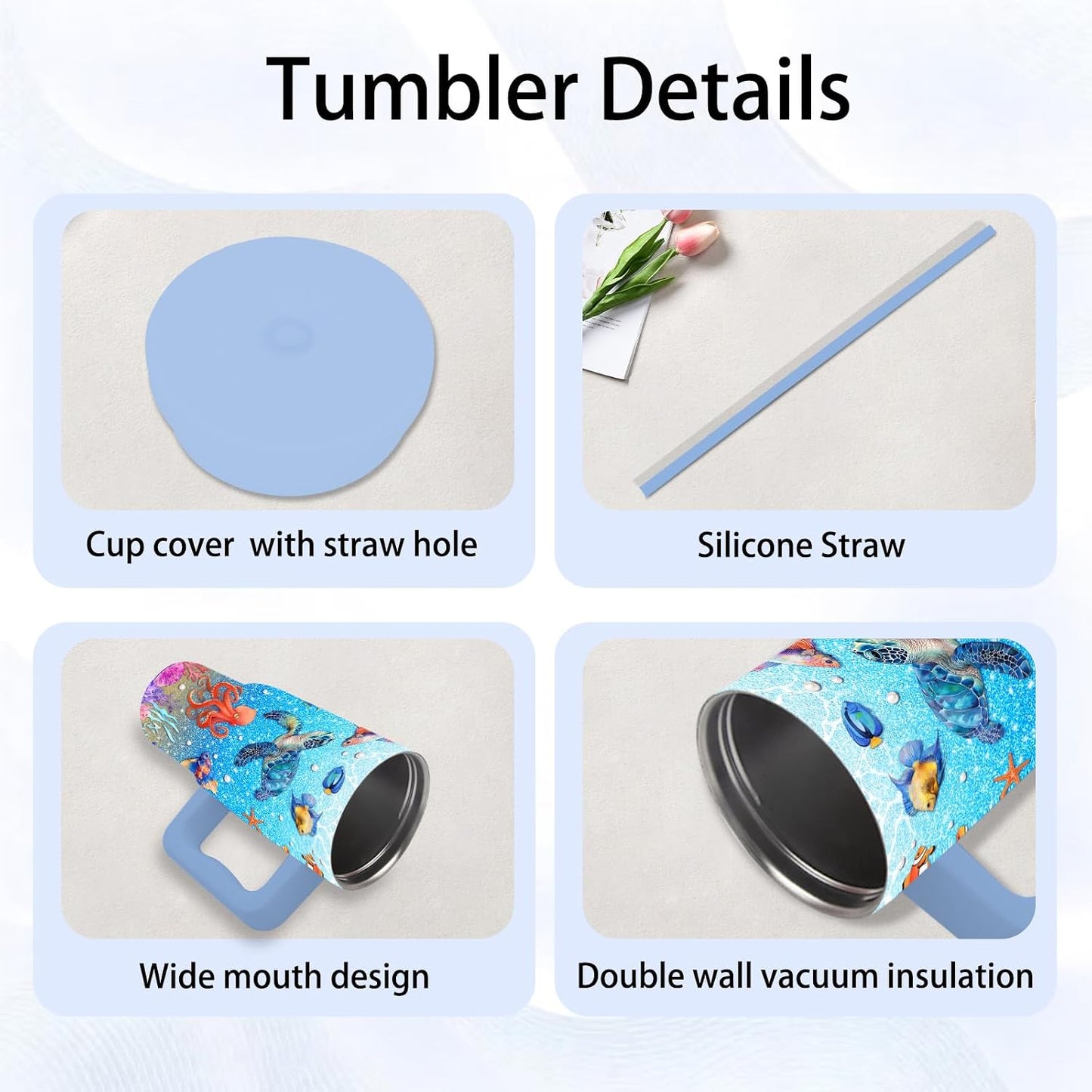 Gifts for Women - 24 oz Blue Tropical Fish Tumbler with Handle and Straw - Insulated Stainless Steel Cup, Leakproof, Cute Ocean Animal Lovers Travel Mug, Fits Car Cup Holders, Keeps Drinks Cold/Hot
