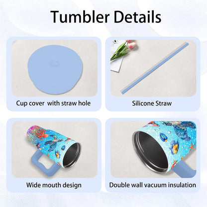 Gifts for Women - 24 oz Blue Tropical Fish Tumbler with Handle and Straw - Insulated Stainless Steel Cup, Leakproof, Cute Ocean Animal Lovers Travel Mug, Fits Car Cup Holders, Keeps Drinks Cold/Hot