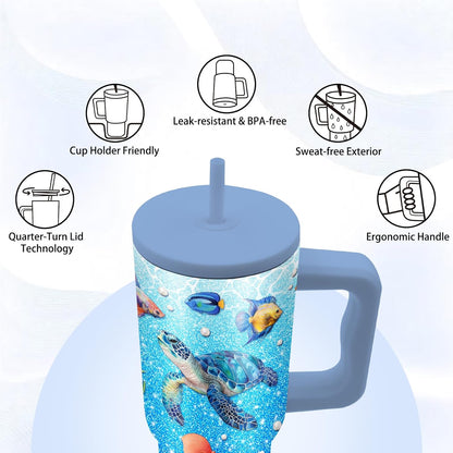 Gifts for Women - 24 oz Blue Tropical Fish Tumbler with Handle and Straw - Insulated Stainless Steel Cup, Leakproof, Cute Ocean Animal Lovers Travel Mug, Fits Car Cup Holders, Keeps Drinks Cold/Hot