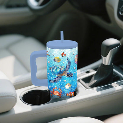 Gifts for Women - 24 oz Blue Tropical Fish Tumbler with Handle and Straw - Insulated Stainless Steel Cup, Leakproof, Cute Ocean Animal Lovers Travel Mug, Fits Car Cup Holders, Keeps Drinks Cold/Hot