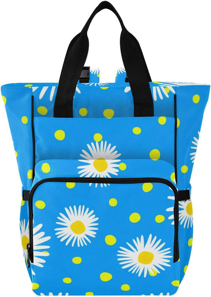 Diaper Bag Backpack, Multifunction Travel Bag for Moms Dads, Baby Changing Bag with Insulted Pockets, Stroller Straps and Side Bottle Pockets Blue Daisy Pattern