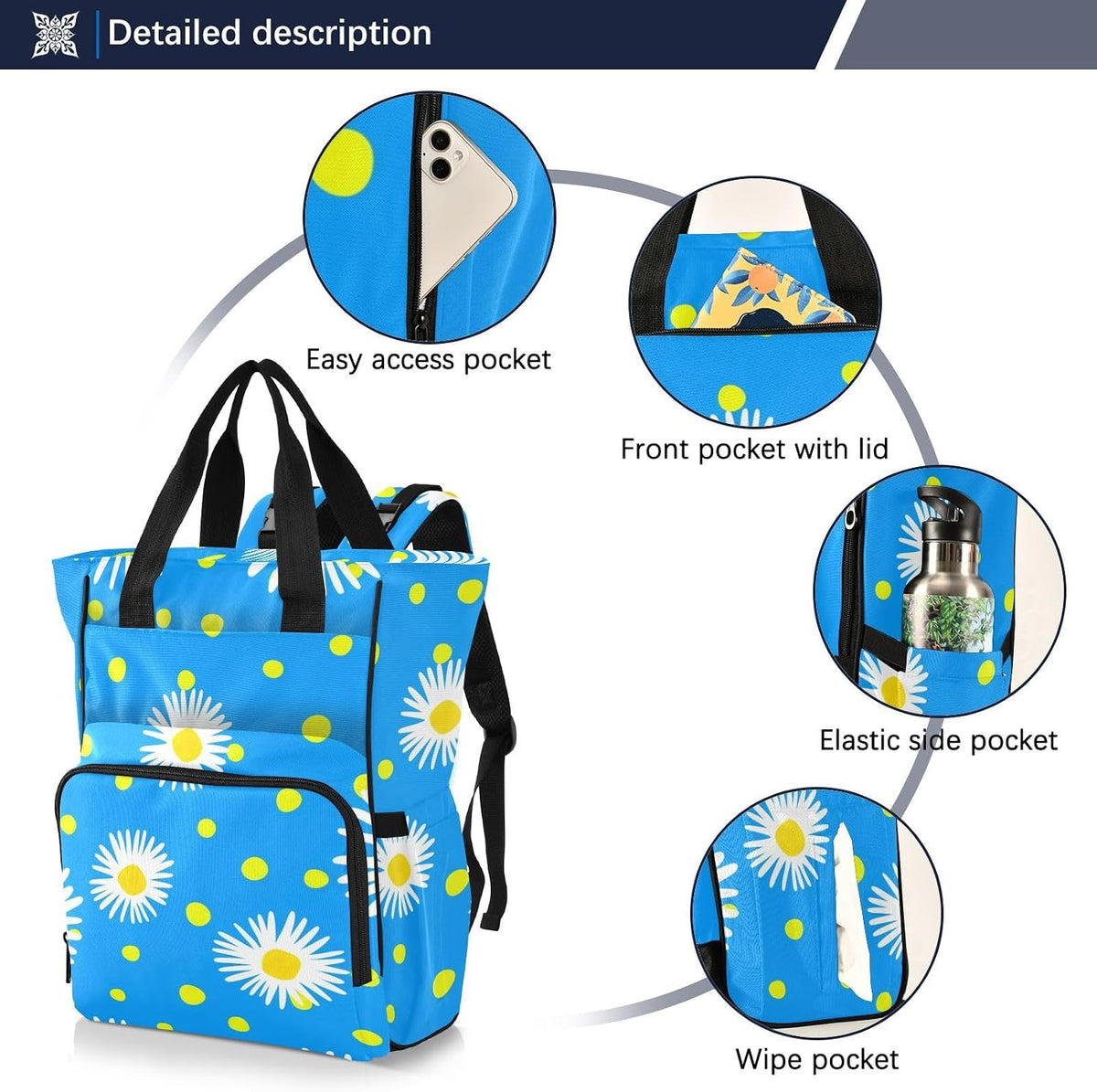Diaper Bag Backpack, Multifunction Travel Bag for Moms Dads, Baby Changing Bag with Insulted Pockets, Stroller Straps and Side Bottle Pockets Blue Daisy Pattern