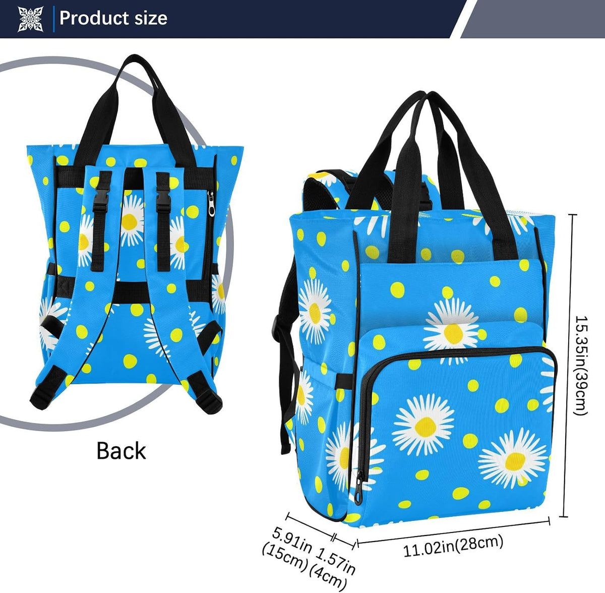 Diaper Bag Backpack, Multifunction Travel Bag for Moms Dads, Baby Changing Bag with Insulted Pockets, Stroller Straps and Side Bottle Pockets Blue Daisy Pattern