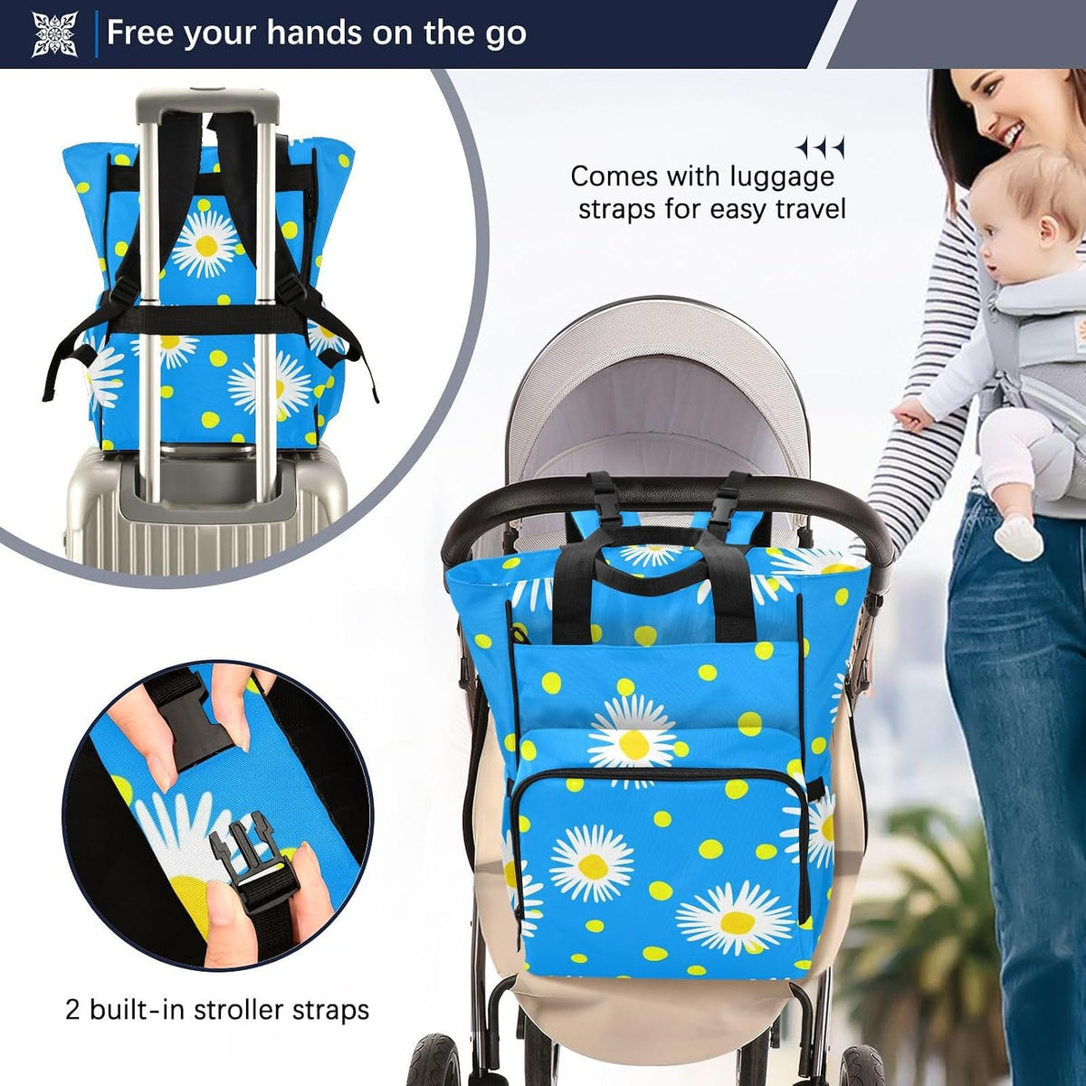 Diaper Bag Backpack, Multifunction Travel Bag for Moms Dads, Baby Changing Bag with Insulted Pockets, Stroller Straps and Side Bottle Pockets Blue Daisy Pattern
