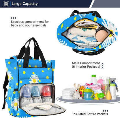 Diaper Bag Backpack, Multifunction Travel Bag for Moms Dads, Baby Changing Bag with Insulted Pockets, Stroller Straps and Side Bottle Pockets Blue Daisy Pattern