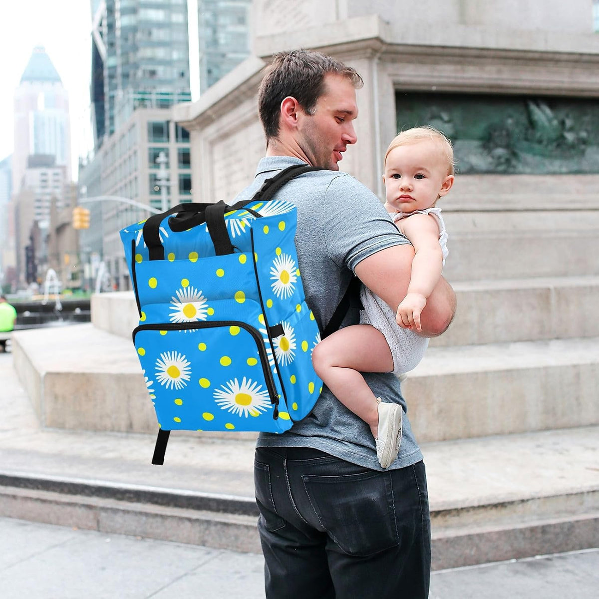 Diaper Bag Backpack, Multifunction Travel Bag for Moms Dads, Baby Changing Bag with Insulted Pockets, Stroller Straps and Side Bottle Pockets Blue Daisy Pattern