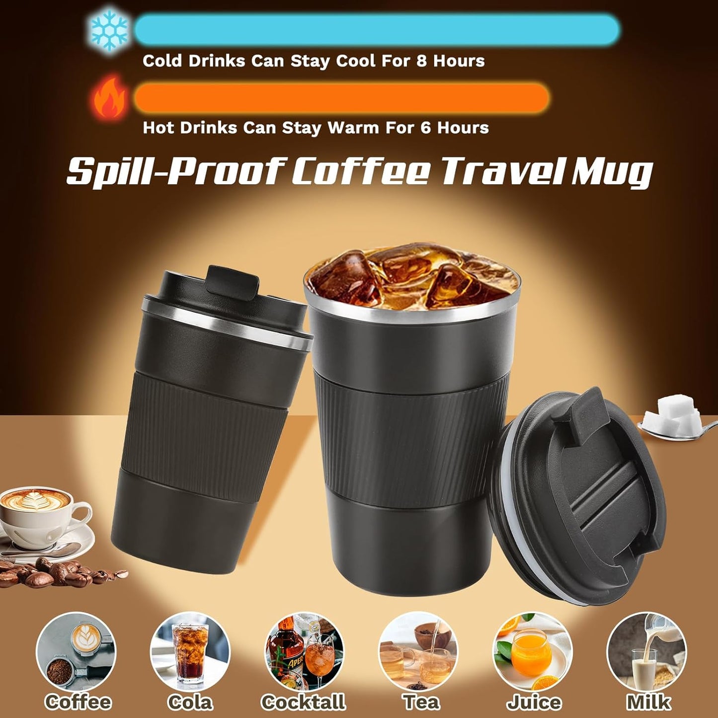 Vacuum Insulated Stainless Steel Travel Coffee Mug,Leak Proof Cup with Lid | 304 stainless steel mug with vacuum insulation, leak proof lid, silicone grip and car cup holder friendly design