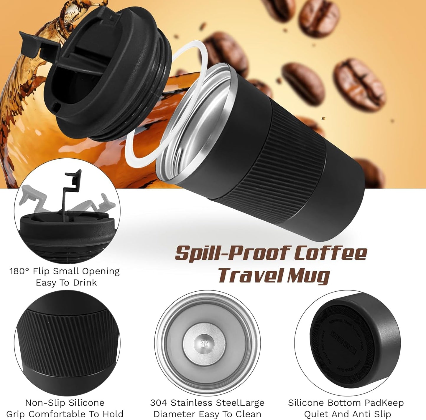 Vacuum Insulated Stainless Steel Travel Coffee Mug,Leak Proof Cup with Lid | 304 stainless steel mug with vacuum insulation, leak proof lid, silicone grip and car cup holder friendly design