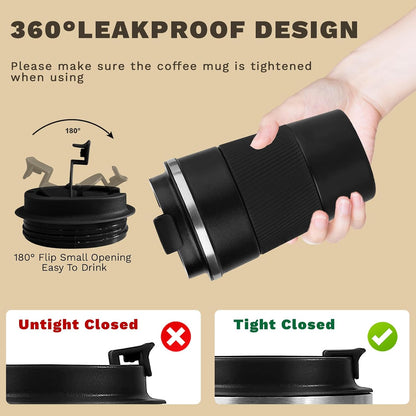 Vacuum Insulated Stainless Steel Travel Coffee Mug,Leak Proof Cup with Lid | 304 stainless steel mug with vacuum insulation, leak proof lid, silicone grip and car cup holder friendly design