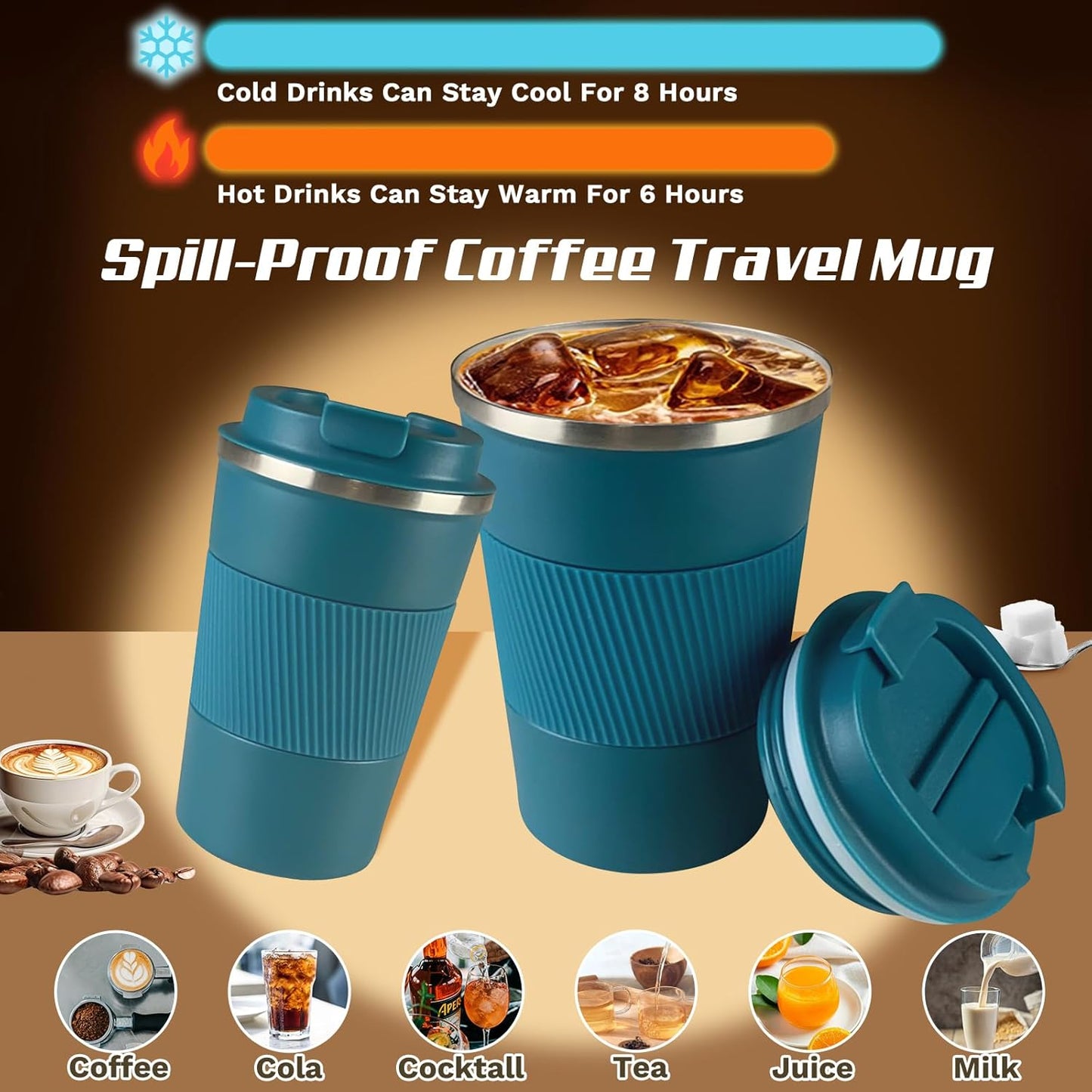 Vacuum Insulated Stainless Steel Travel Coffee Mug,Leak Proof Cup with Lid | 304 stainless steel mug with vacuum insulation, leak proof lid, silicone grip and car cup holder friendly design