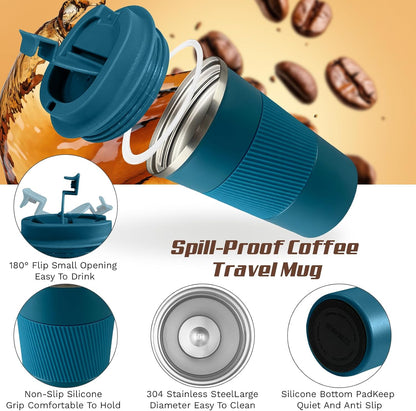 Vacuum Insulated Stainless Steel Travel Coffee Mug,Leak Proof Cup with Lid | 304 stainless steel mug with vacuum insulation, leak proof lid, silicone grip and car cup holder friendly design