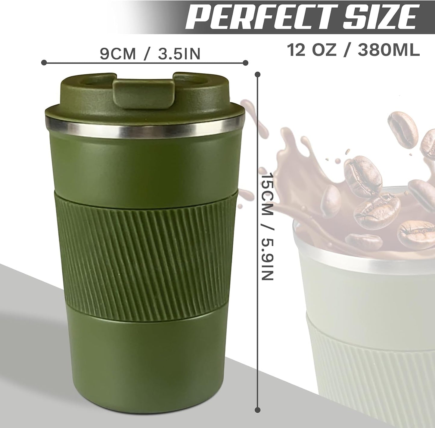 Vacuum Insulated Stainless Steel Travel Coffee Mug,Leak Proof Cup with Lid | 304 stainless steel mug with vacuum insulation, leak proof lid, silicone grip and car cup holder friendly design