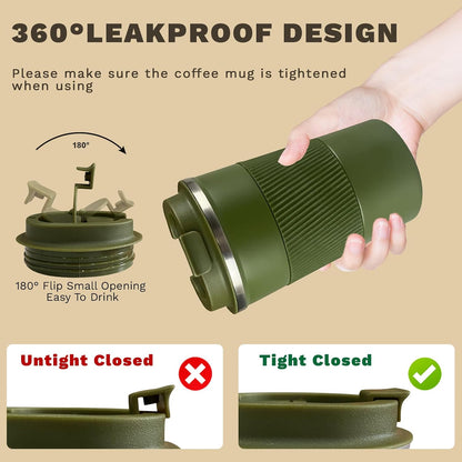 Vacuum Insulated Stainless Steel Travel Coffee Mug,Leak Proof Cup with Lid | 304 stainless steel mug with vacuum insulation, leak proof lid, silicone grip and car cup holder friendly design