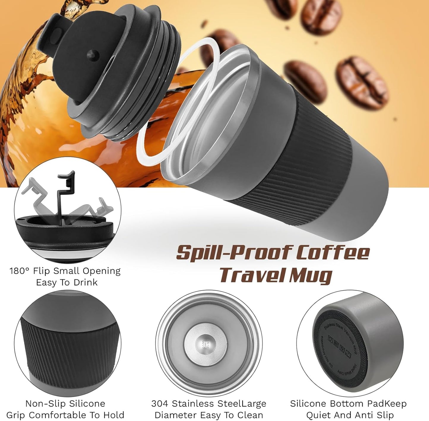 Vacuum Insulated Stainless Steel Travel Coffee Mug,Leak Proof Cup with Lid | 304 stainless steel mug with vacuum insulation, leak proof lid, silicone grip and car cup holder friendly design