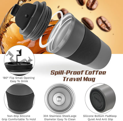 Vacuum Insulated Stainless Steel Travel Coffee Mug,Leak Proof Cup with Lid | 304 stainless steel mug with vacuum insulation, leak proof lid, silicone grip and car cup holder friendly design