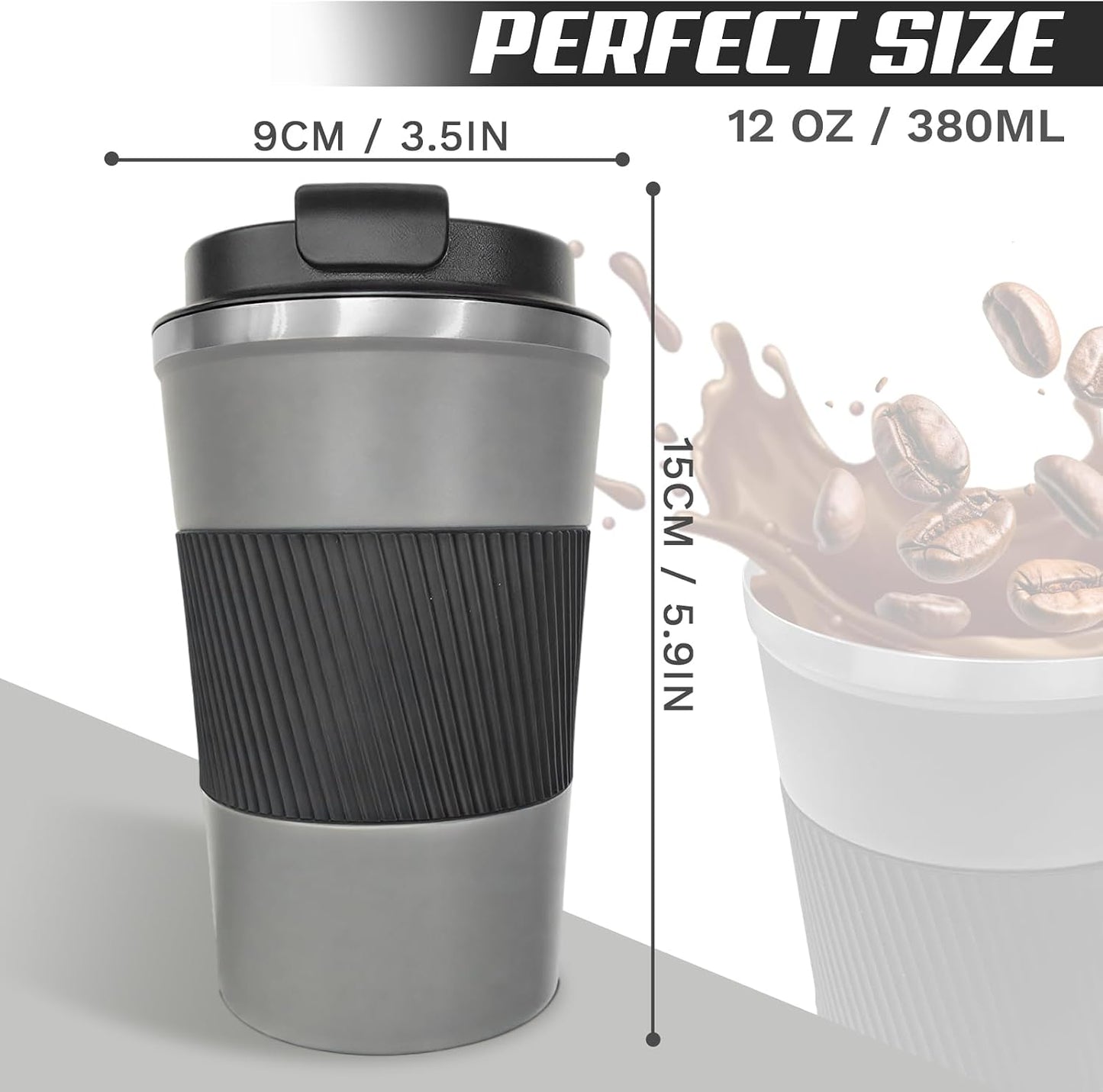 Vacuum Insulated Stainless Steel Travel Coffee Mug,Leak Proof Cup with Lid | 304 stainless steel mug with vacuum insulation, leak proof lid, silicone grip and car cup holder friendly design