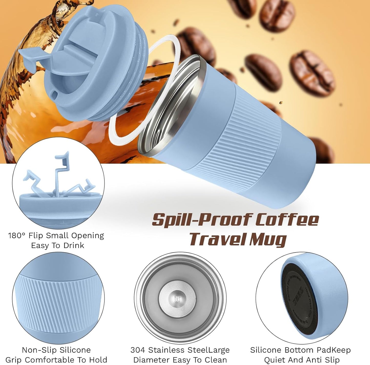 Vacuum Insulated Stainless Steel Travel Coffee Mug,Leak Proof Cup with Lid | 304 stainless steel mug with vacuum insulation, leak proof lid, silicone grip and car cup holder friendly design