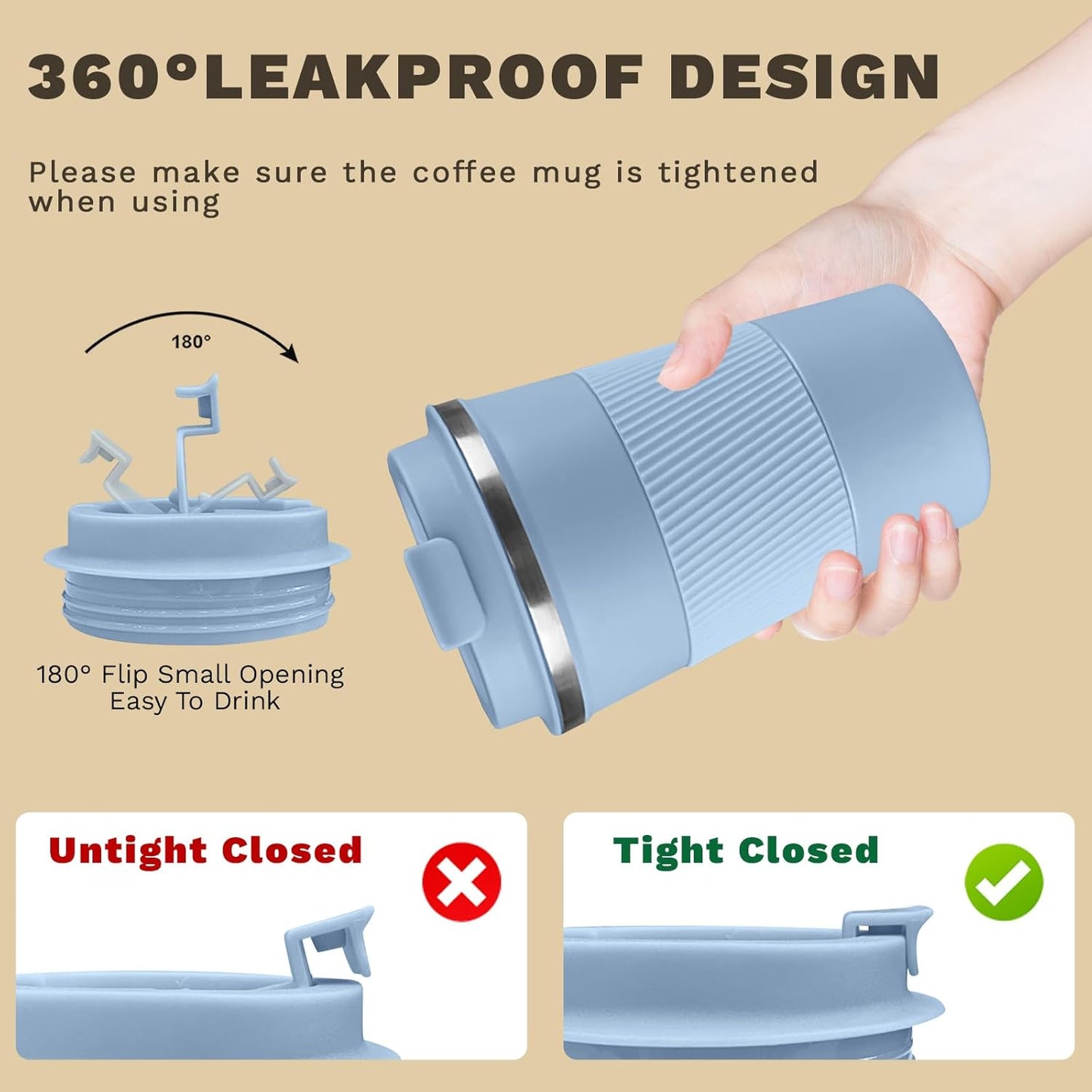 Vacuum Insulated Stainless Steel Travel Coffee Mug,Leak Proof Cup with Lid | 304 stainless steel mug with vacuum insulation, leak proof lid, silicone grip and car cup holder friendly design