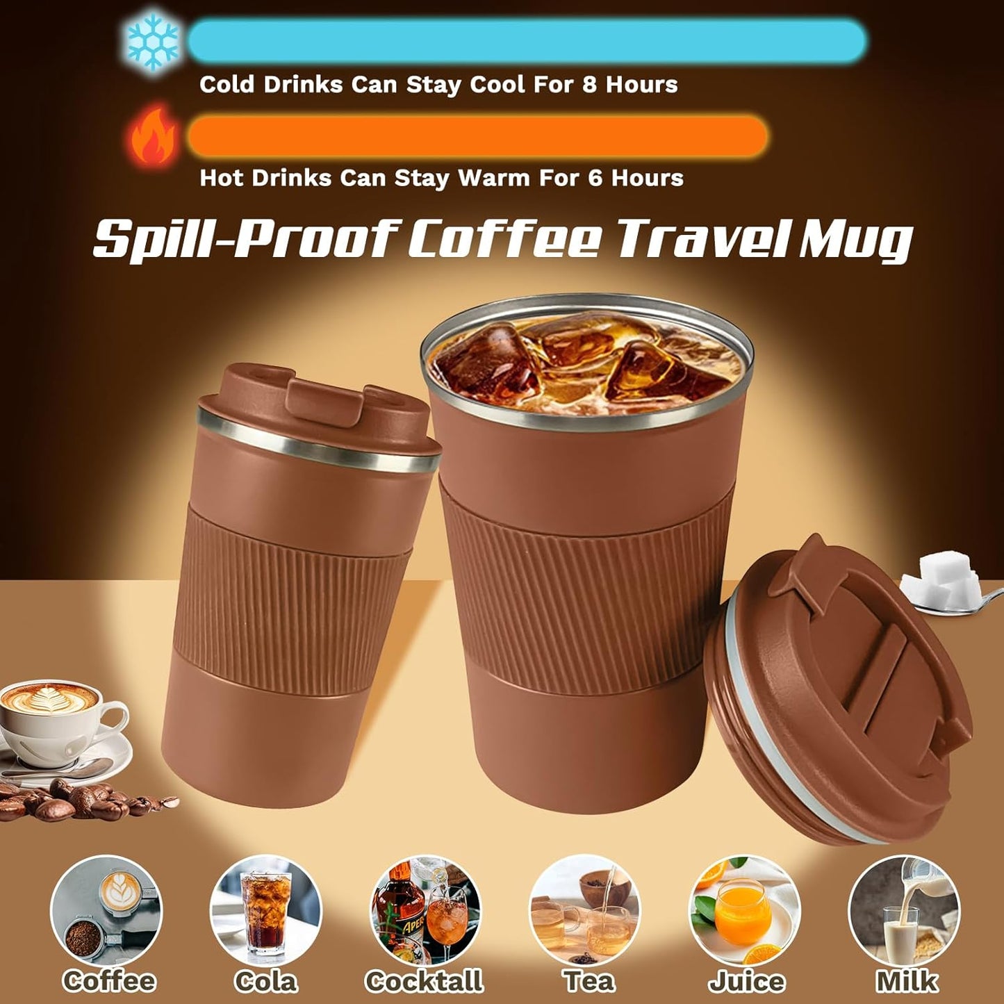 Vacuum Insulated Stainless Steel Travel Coffee Mug,Leak Proof Cup with Lid | 304 stainless steel mug with vacuum insulation, leak proof lid, silicone grip and car cup holder friendly design