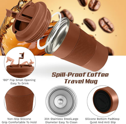 Vacuum Insulated Stainless Steel Travel Coffee Mug,Leak Proof Cup with Lid | 304 stainless steel mug with vacuum insulation, leak proof lid, silicone grip and car cup holder friendly design