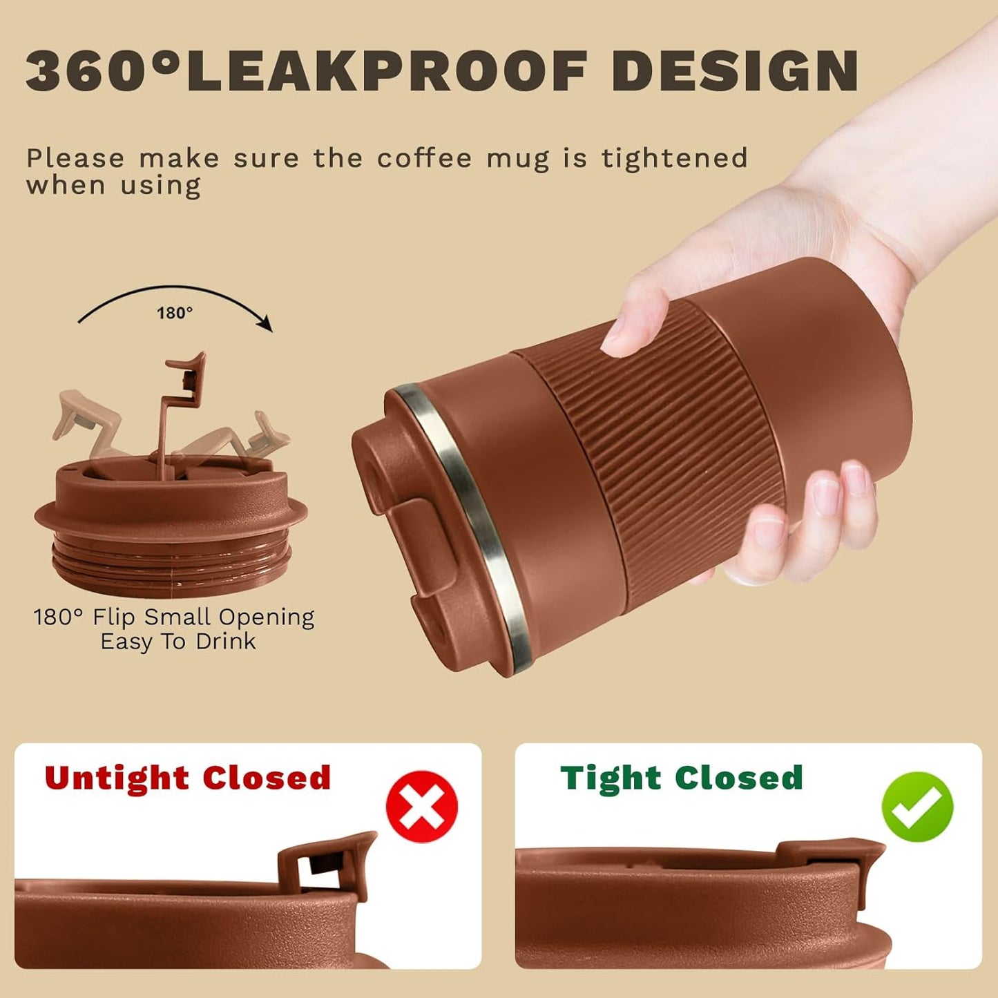 Vacuum Insulated Stainless Steel Travel Coffee Mug,Leak Proof Cup with Lid | 304 stainless steel mug with vacuum insulation, leak proof lid, silicone grip and car cup holder friendly design