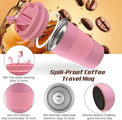 Vacuum Insulated Stainless Steel Travel Coffee Mug,Leak Proof Cup with Lid | 304 stainless steel mug with vacuum insulation, leak proof lid, silicone grip and car cup holder friendly design