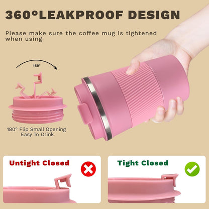 Vacuum Insulated Stainless Steel Travel Coffee Mug,Leak Proof Cup with Lid | 304 stainless steel mug with vacuum insulation, leak proof lid, silicone grip and car cup holder friendly design