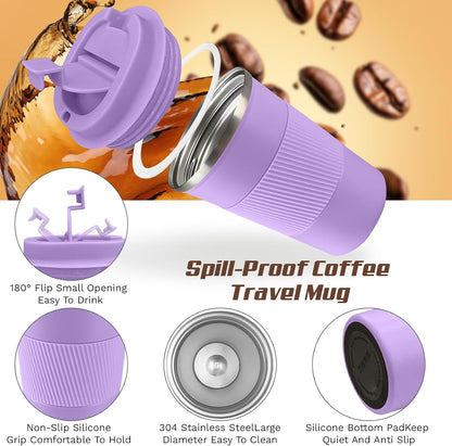 Vacuum Insulated Stainless Steel Travel Coffee Mug,Leak Proof Cup with Lid | 304 stainless steel mug with vacuum insulation, leak proof lid, silicone grip and car cup holder friendly design