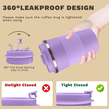Vacuum Insulated Stainless Steel Travel Coffee Mug,Leak Proof Cup with Lid | 304 stainless steel mug with vacuum insulation, leak proof lid, silicone grip and car cup holder friendly design