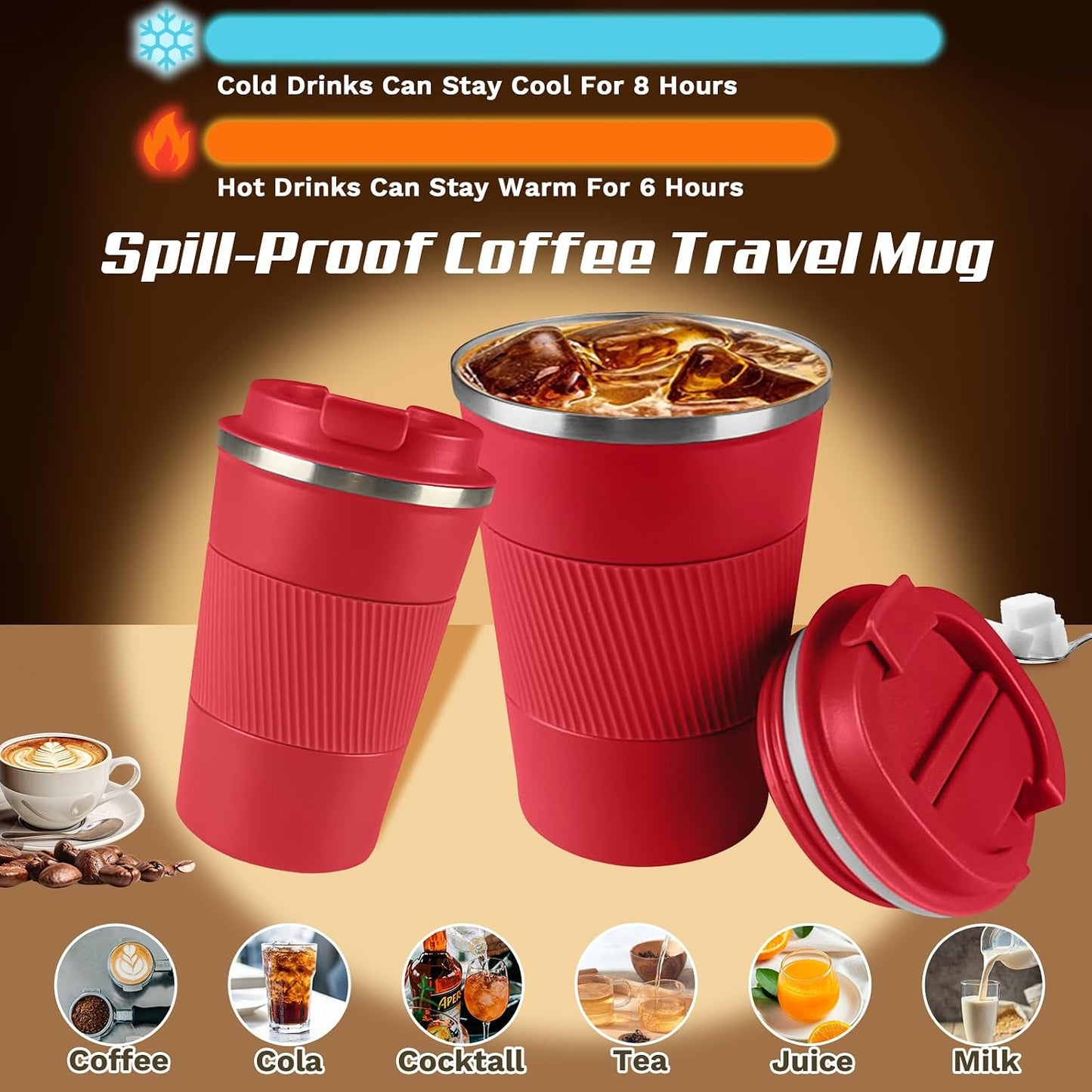 Vacuum Insulated Stainless Steel Travel Coffee Mug,Leak Proof Cup with Lid | 304 stainless steel mug with vacuum insulation, leak proof lid, silicone grip and car cup holder friendly design