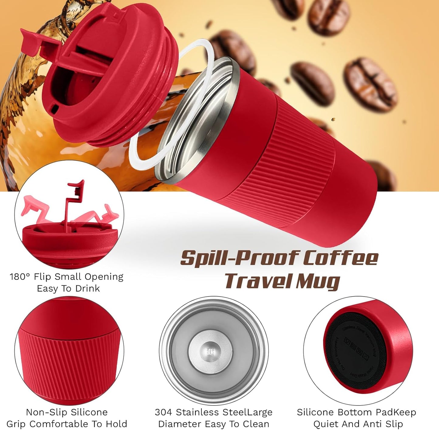 Vacuum Insulated Stainless Steel Travel Coffee Mug,Leak Proof Cup with Lid | 304 stainless steel mug with vacuum insulation, leak proof lid, silicone grip and car cup holder friendly design