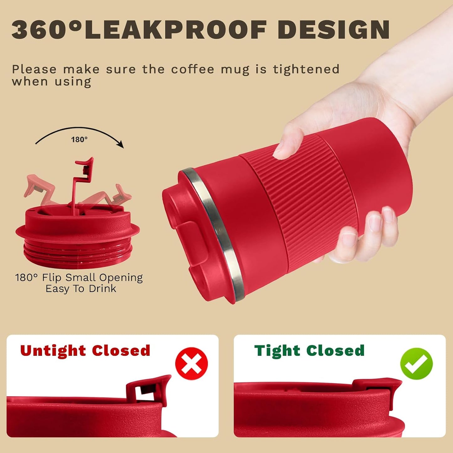 Vacuum Insulated Stainless Steel Travel Coffee Mug,Leak Proof Cup with Lid | 304 stainless steel mug with vacuum insulation, leak proof lid, silicone grip and car cup holder friendly design