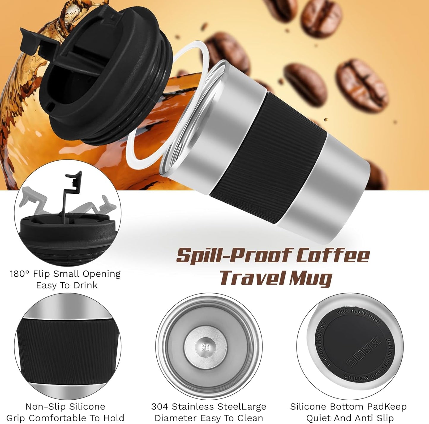 Vacuum Insulated Stainless Steel Travel Coffee Mug,Leak Proof Cup with Lid | 304 stainless steel mug with vacuum insulation, leak proof lid, silicone grip and car cup holder friendly design