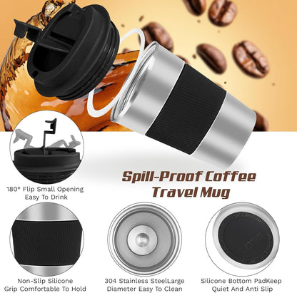 Vacuum Insulated Stainless Steel Travel Coffee Mug,Leak Proof Cup with Lid | 304 stainless steel mug with vacuum insulation, leak proof lid, silicone grip and car cup holder friendly design
