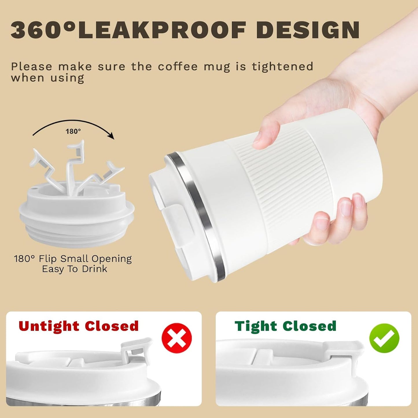 Vacuum Insulated Stainless Steel Travel Coffee Mug,Leak Proof Cup with Lid | 304 stainless steel mug with vacuum insulation, leak proof lid, silicone grip and car cup holder friendly design