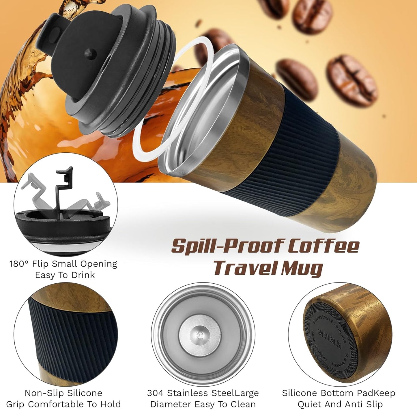 Vacuum Insulated Stainless Steel Travel Coffee Mug,Leak Proof Cup with Lid | 304 stainless steel mug with vacuum insulation, leak proof lid, silicone grip and car cup holder friendly design