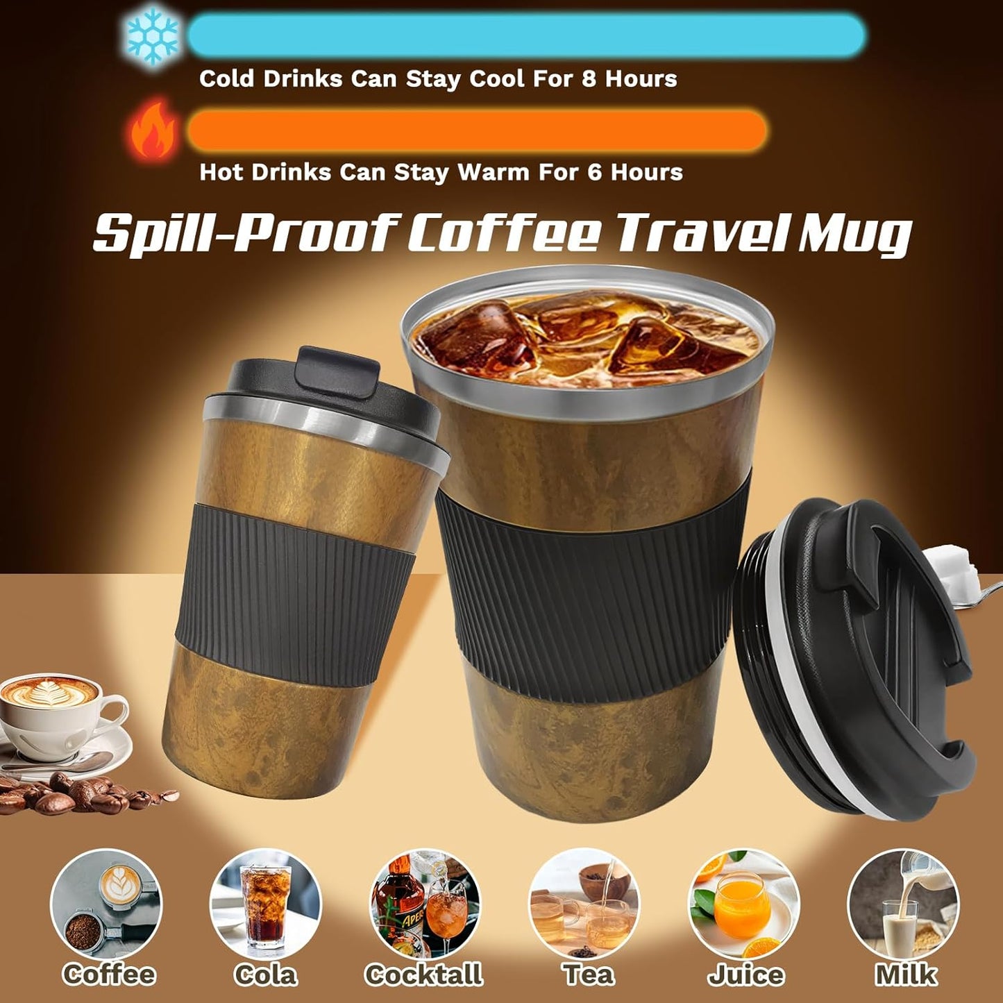 Vacuum Insulated Stainless Steel Travel Coffee Mug,Leak Proof Cup with Lid | 304 stainless steel mug with vacuum insulation, leak proof lid, silicone grip and car cup holder friendly design