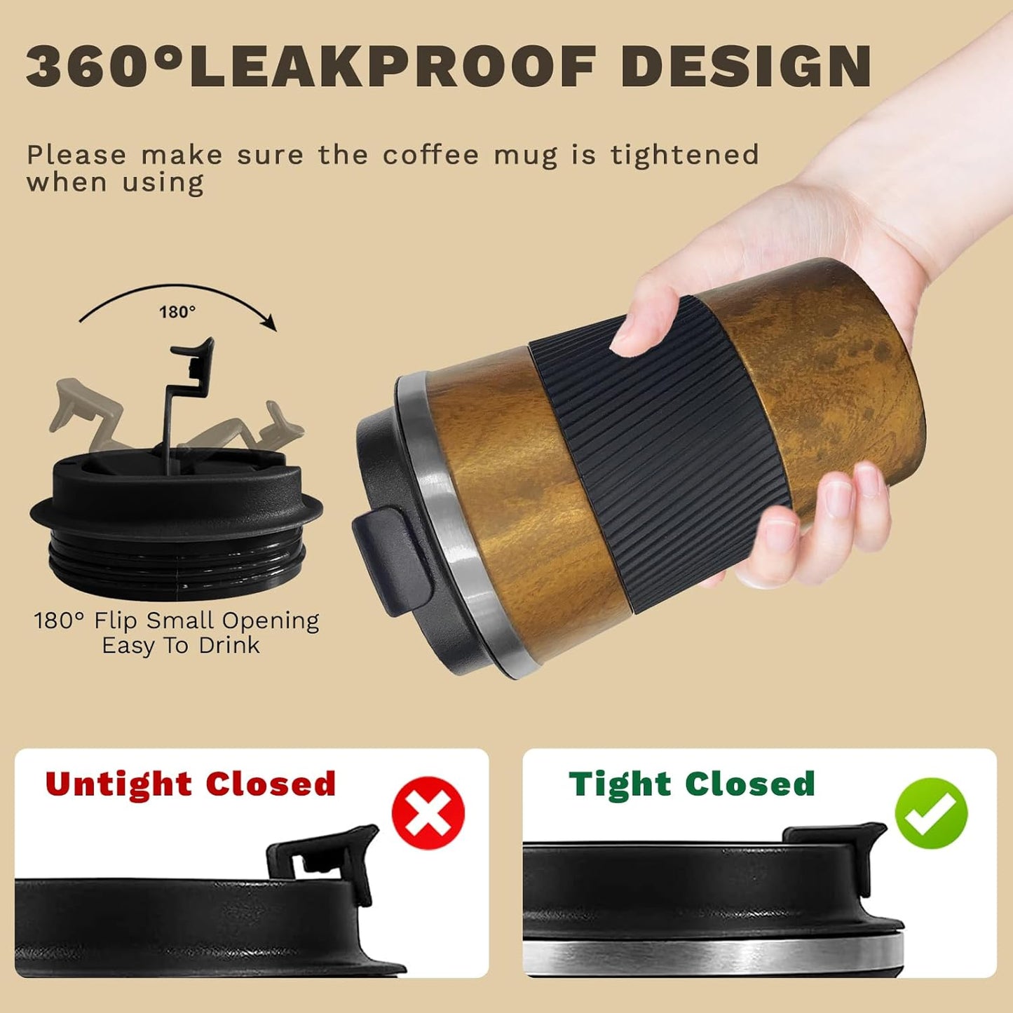 Vacuum Insulated Stainless Steel Travel Coffee Mug,Leak Proof Cup with Lid | 304 stainless steel mug with vacuum insulation, leak proof lid, silicone grip and car cup holder friendly design